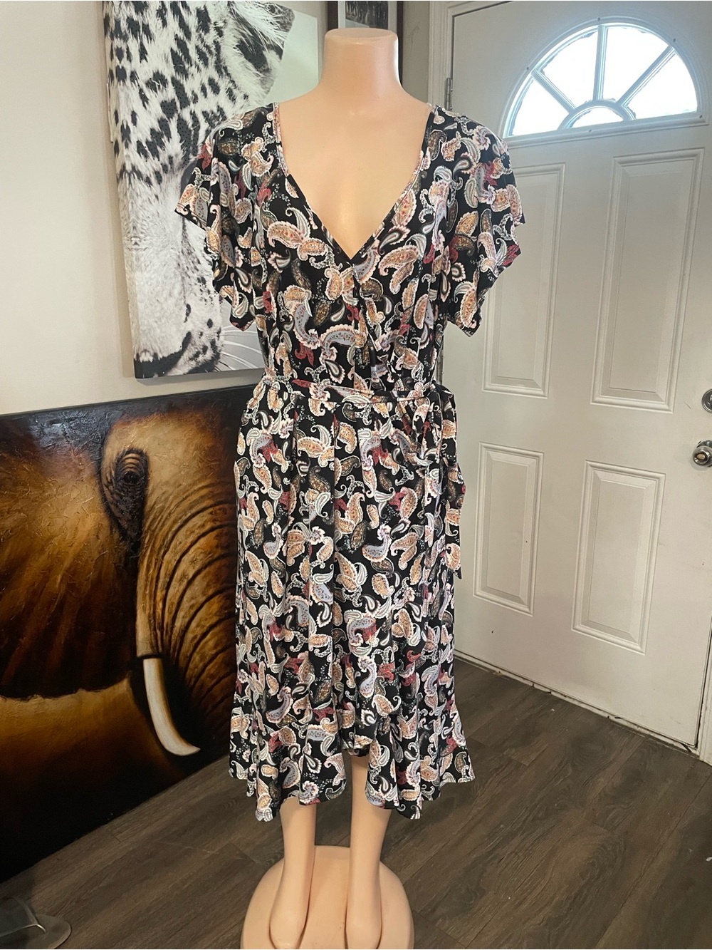 Robert Louis Black Paisley Midi Dress with Cream and Pink Accents
